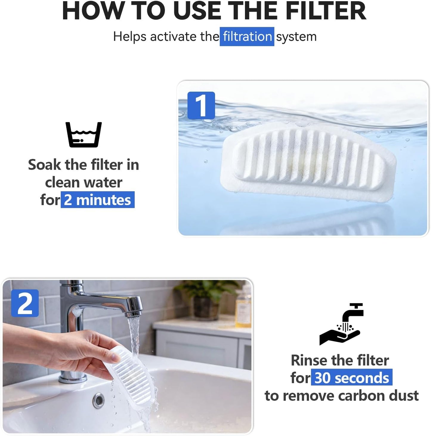 Cat Water Fountain Filters, Replacement Carbon, Resin Filters for D30 67Oz/2L Automatic Pet Fountain Cat Water Fountain Dog Water Dispenser, 3 Triple Filtration System(6Pcs 67Oz/2L Filters)